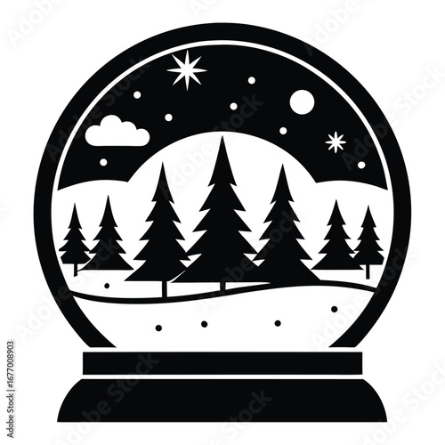 Black and White Snow Globe with Pine Trees, Snowflakes and Stars Illustration