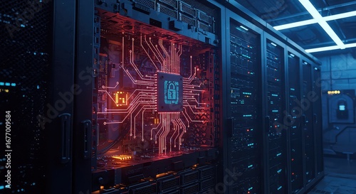  Quantum computing server rack with neon circuits, futuristic data encryption, and hyper-speed algorithm processing inside advanced secure technology center