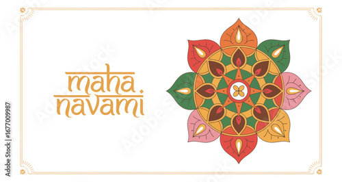 maha navami decorative design with colorful mandala petals, flame motifs, floral center and festive border celebrating hindu durga puja