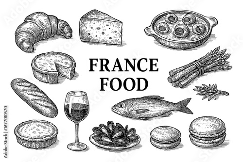 Fotografie Traditional French food set with croissant, roast chicken, wine and desserts in