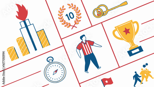Sports and achievement icons collage with red and blue accents