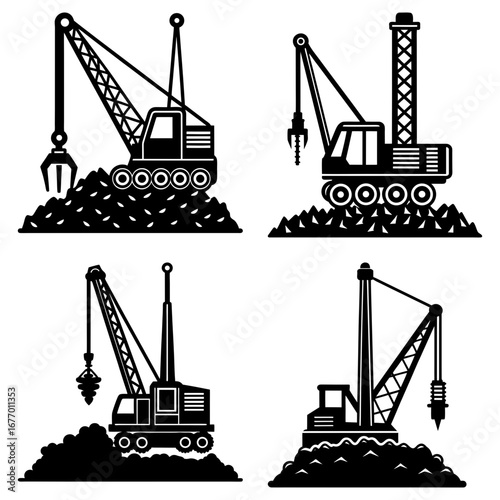 Four construction vehicles with cranes and drilling equipment on piles of dirt in black and white