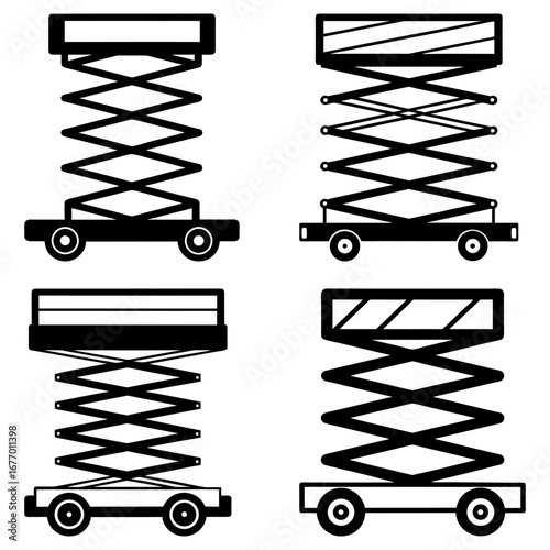 Illustration of four scissor lifts with varying platform designs in black and white outline style