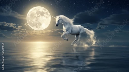 Unicorn gallops across water under a full moon at night