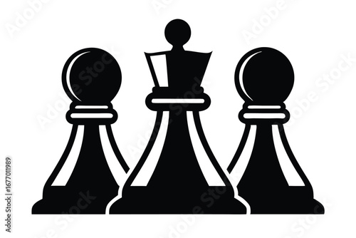 Chess Pieces Two Pawns Flanking A Queen Piece, All In Black Silhouette Design