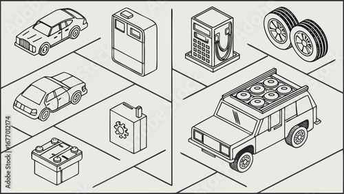 Automotive parts and services isometric line art collection