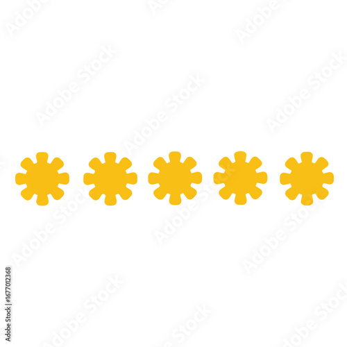 Five bright yellow stylized sun shapes are horizontally arranged and uniformly spaced on a clean white background, creating a simple 2D flat graphic with a playful, positive, and clear rating system.