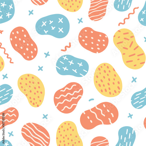 A cheerful, modern 2D flat composition showcases vibrant, irregularly shaped abstract forms in coral, daffodil yellow, and sky blue, decorated with various patterns on a pristine white background.