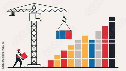 Construction worker builds a growing bar graph with a crane
