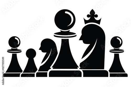 Black Chess Pieces Illustration Pawns, Bishops, Rook, Queen and King Game Pieces