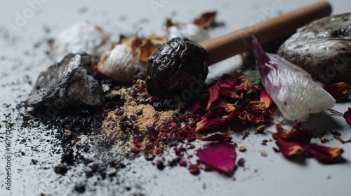 Burnt incense sticks with ashes and petals spiritual meditation photography background