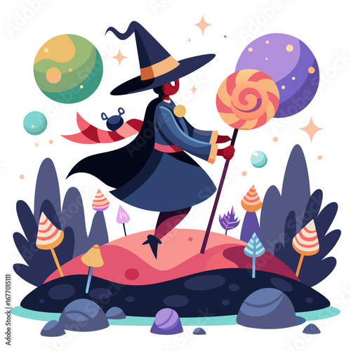 Magical Witch Flying Broomstick Over Glowing Candy Forest, Halloween Fantasy Vector Illustration, Spooky Enchanted Night, Colorful Halloween Design