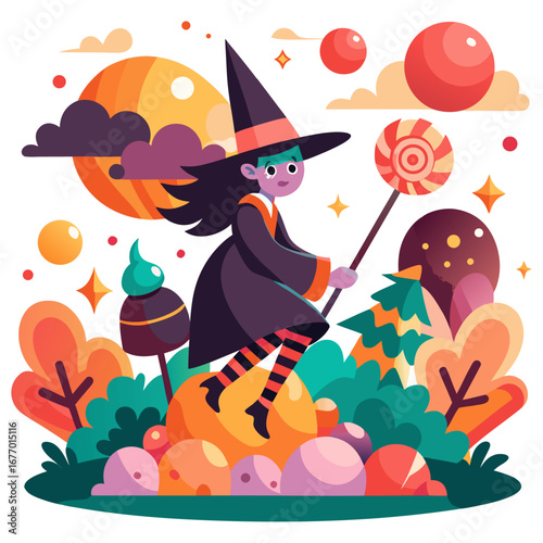 Magical Witch Flying Broomstick Over Glowing Candy Forest, Halloween Fantasy Vector Illustration, Spooky Enchanted Night, Colorful Halloween Design