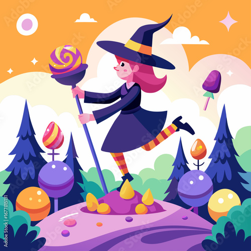 Magical Witch Flying Broomstick Over Glowing Candy Forest, Halloween Fantasy Vector Illustration, Spooky Enchanted Night, Colorful Halloween Design