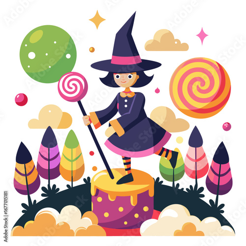 Magical Witch Flying Broomstick Over Glowing Candy Forest, Halloween Fantasy Vector Illustration, Spooky Enchanted Night, Colorful Halloween Design