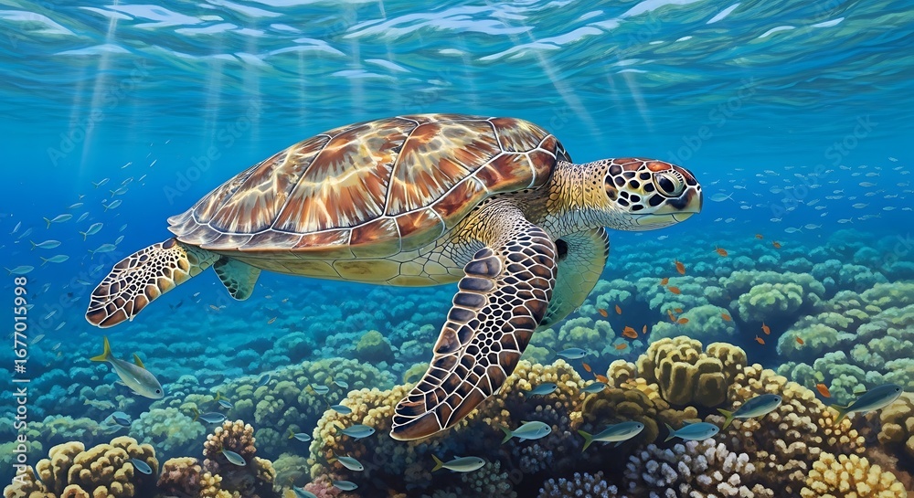 Obraz premium Sea Turtle in Coral Reef Underwater.