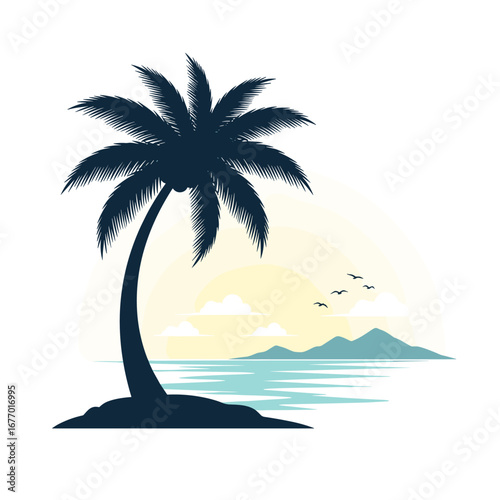 Serene tropical island paradise with a silhouetted palm tree swaying gently over the calm ocean waters at sunset