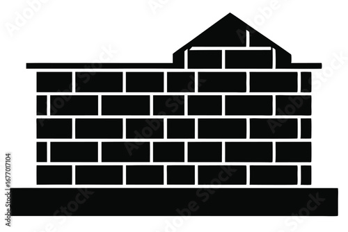 Black Silhouette Brick Structure with Gable Roof and Platform Base Illustration