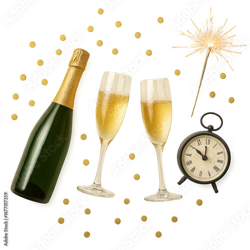 New Year’s Eve party set with champagne glasses, confetti, and clock for festive celebration, capturing elegant New Year’s Eve party style, Isolated on transparent background, PNG die-cut. 