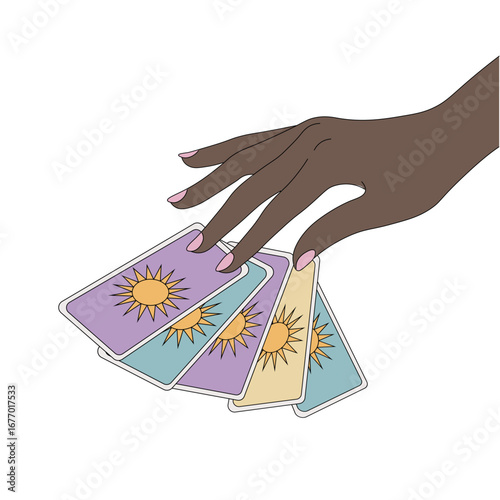 Dark skinned female hand with tarot cards, minimalism, isolated on white, fortune telling, prediction