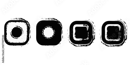 Four abstract black ink brush stroke rounded squares with circular or square negative space in a row