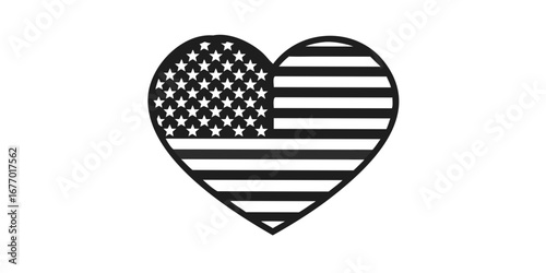 Heart shaped american flag silhouette with white stars on black background