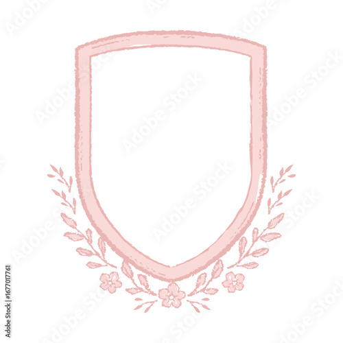 Pink vintage frame border illustration, Vector hand drawn floral crest design element.