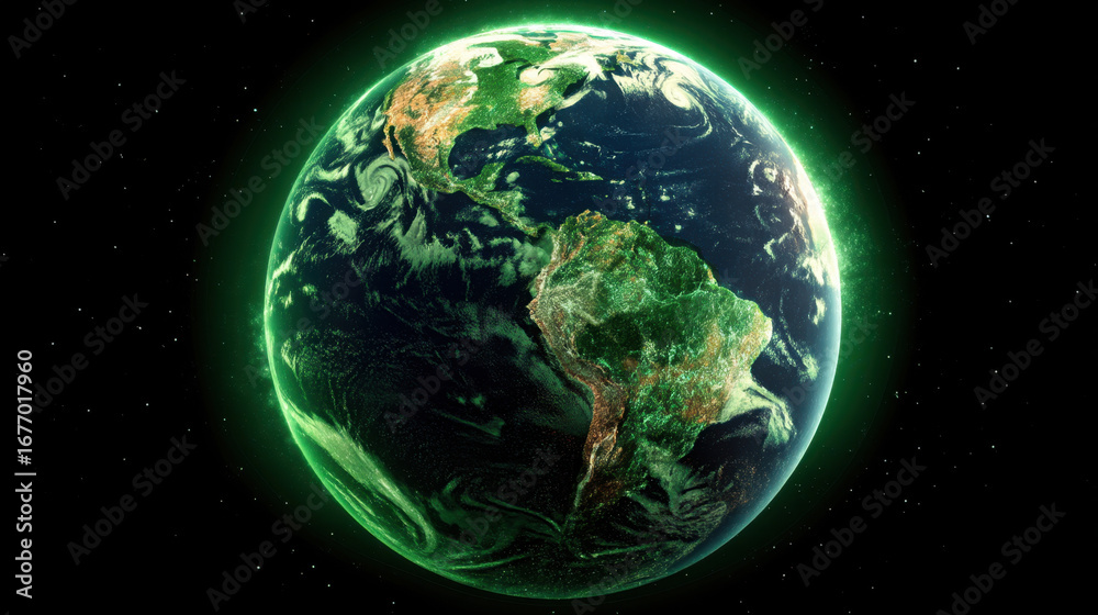 Obraz premium Vibrant depiction of Earth showcasing continents illuminated in green hues against dark starry background, symbolizing environmental awareness and beauty of our planet