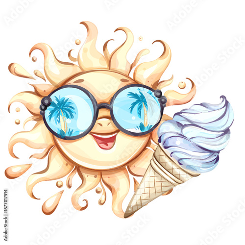Sunny summer vibes with a cheerful sun wearing glasses and an ice cream cone, evoking joyful beach memories and festive moments during the warm season