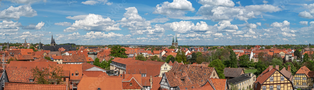Obraz premium Panoramic view from above of the ancient city of Quedlinburg in Germany. Wide banner format