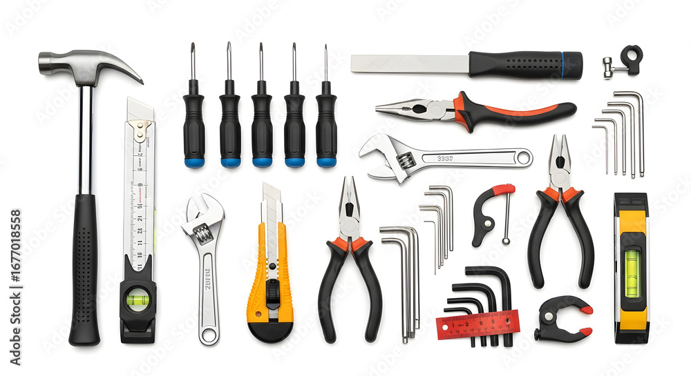 Naklejka premium Assortment of Hand Tools on a White Background for DIY, Construction, and Repair Projects