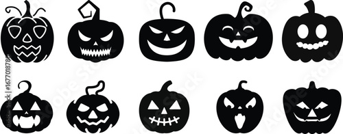 Halloween pumpkin icon set.Evil pumpkin symbol. Halloween decoration cartoon sign.Cute Creepy Spooky Halloween Pumpkin Fall Autumn Sticker Print Illustration.Halloween evil face vector illustration.