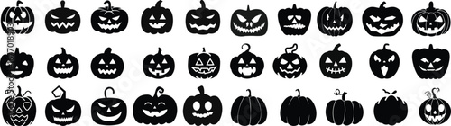 Halloween pumpkin icon set.Evil pumpkin symbol. Halloween decoration cartoon sign.Cute Creepy Spooky Halloween Pumpkin Fall Autumn Sticker Print Illustration.Halloween evil face vector illustration.