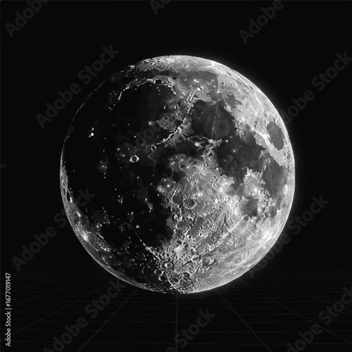 A photorealistic, gray, cratered celestial body with detailed valleys glows with a soft halo from behind, suspended in an infinite grid-patterned space.