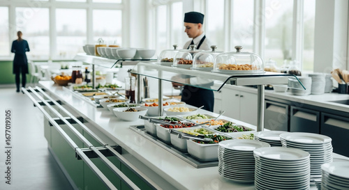 Man serving food at a modern cafeteria buffet line