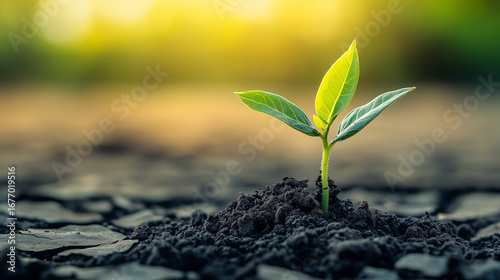 Green seedling emerging from dry, cracked soil, under sunlight, with a blurred nature background.