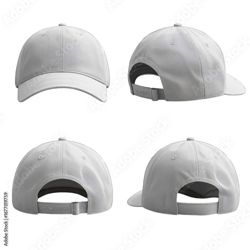A stylish gray baseball cap showcased from multiple angles, featuring a modern design and adjustable strap.