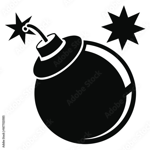 Round Black Bomb with Lit Fuse and Starburst Silhouette Icon Illustration