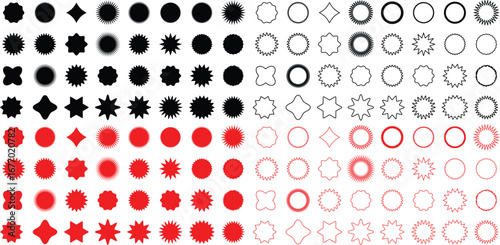 Black and red  Starburst. Circle sale sticker set. Wavy edge promo black and red badges. Special offer price tag. Sale, promo label color design. Vector illustration
