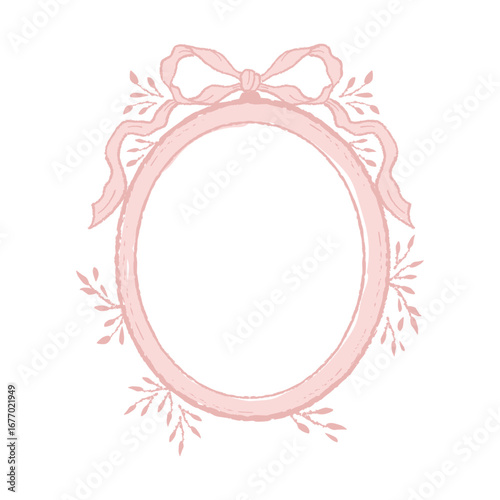 Pink vintage frame border illustration, Vector hand drawn oval crest design element.