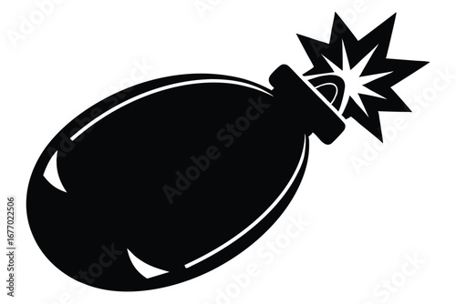 Cartoon Bomb Icon, Lit Fuse, Black, Round Explosive, Vector Illustration