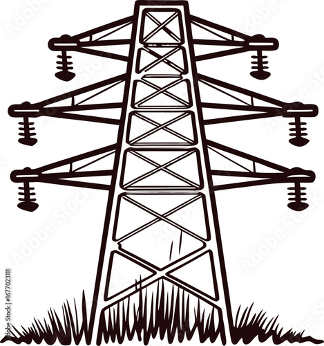Hand drawn electricity transmission tower with insulators and grass isolated on white background