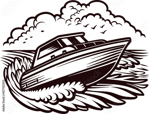 Stylized illustration of a speedboat cutting through ocean waves with birds and clouds in the background