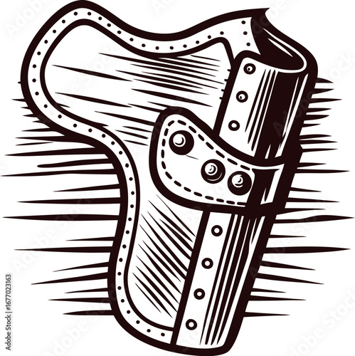 Vintage engraved drawing of an empty leather gun holster with decorative rivets and stitching