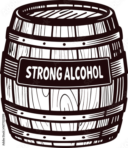 Wooden alcohol barrel with strong alcohol label, vintage engraved drawing, isolated on white background