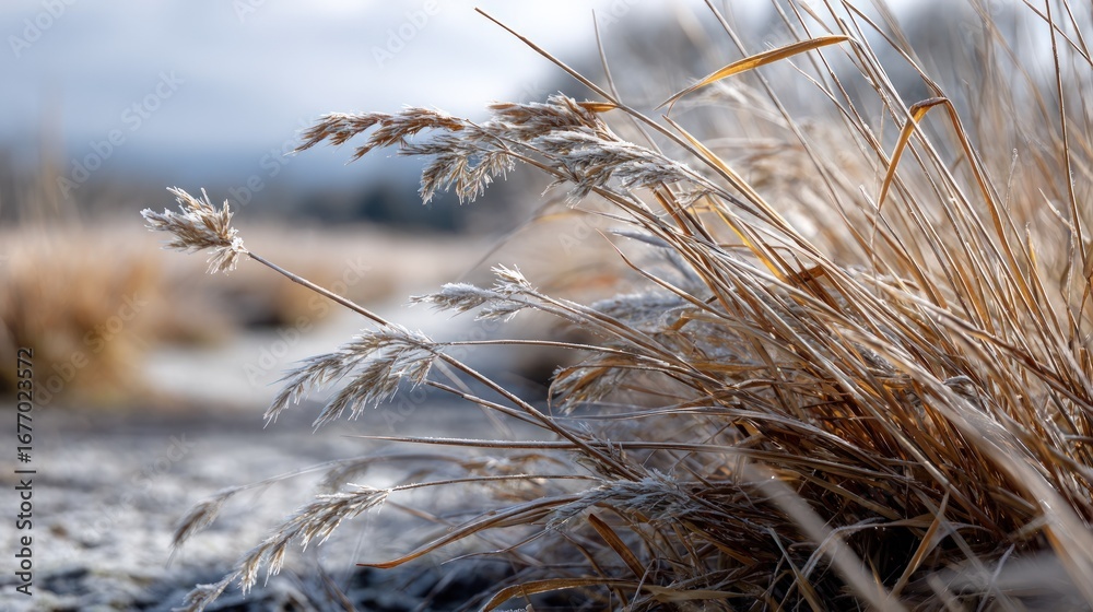 Fototapeta premium Frosted grasses sway gently in a cool, early morning light.