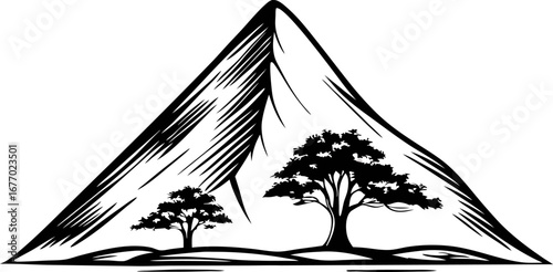 Hand drawn stylized mountain landscape with two trees, sketched black and white nature illustration