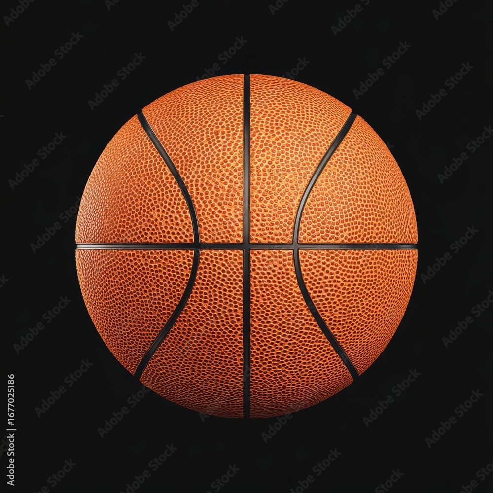 Fototapeta premium The vibrant orange basketball has a clear texture and visible details, giving it a unique surface pattern and design that is sure to appeal to sports enthusiasts and athletes who admire its