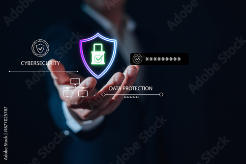 digital shield with lock icon, concept of cybersecurity, data protection, secure technology, password safety, information privacy, online network security in business.