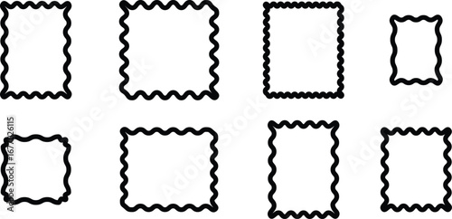 
Set of rectangle frames with wavy edges. Rectangular shapes with wiggly borders. Set of Zigzag wavy edges, rectangles, photo frames, text boxes, labels. Scallop frame set,  vector illustration
